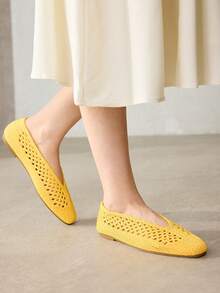 MOTF WOMEN LIGHT YELLOW HOLLOW OUT SQUARE TOE FLATS SPRING SHOES - Light yellow - View 4