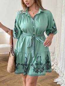 Comfylo 大尺碼度假時尚佩斯利圖案印花單排扣荷葉邊下擺洋裝，度假正式輕綠色秋季波希米亞傳統優雅風 - 綠色 - 查看 4