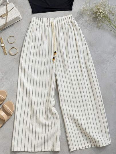 Wide Leg Pants For Women. Shoulder Free. Natural Waist Fit And Adjustable Lace With Decorative Beads. Texture With Vertical Lines. Very Cool And Comfo