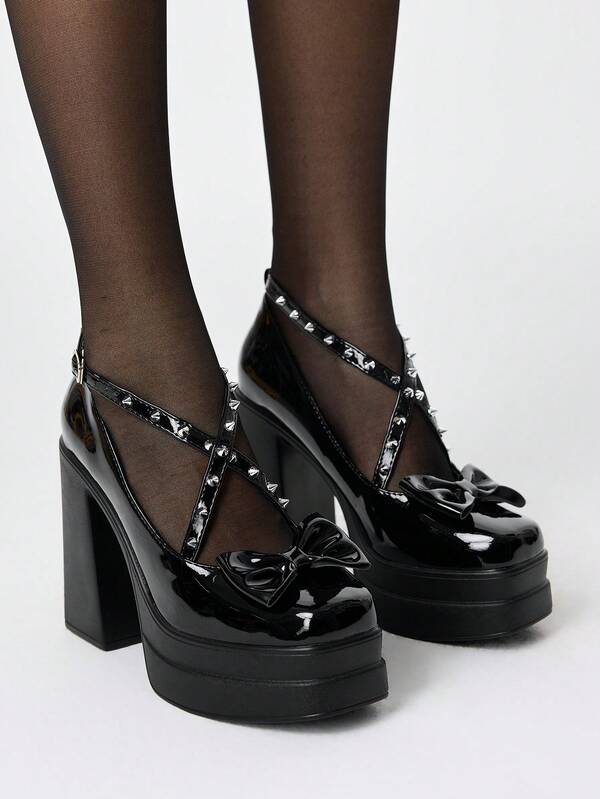 ROMWE Grunge Punk Fashion Women's Platform High-Heeled Shoes, Punk Gothic Cross-Buckle Rivet Inlay, Bow Decoration, Classic Sexy Adaptation To Parties, Nightclub