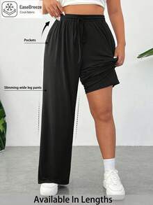 SHEIN PETITE CURVE Plus Petite 女士黑色冰丝超薄凉爽针织罗纹面料柔软顺滑防静电纯色日常运动休闲裤带口袋抽绳松紧腰带高腰直筒阔腿宽松版型 - 黑色 - 查看 2