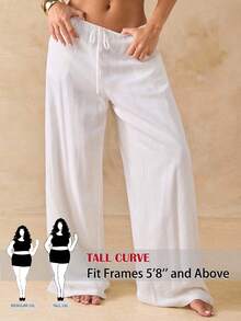 SHEIN Tall CURVE 大尺碼女款純色腰部綁帶寬腿休閒長褲 - 白色 - 查看 9
