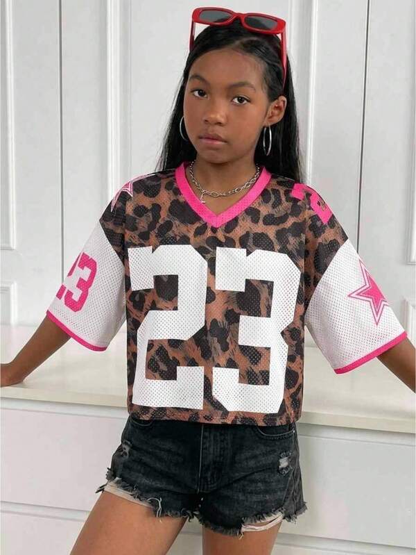 SHEIN Tween Girl Tween Girl Casual Daily Street Fashion Loose Fit Number Jersey Top Blue