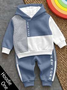 Infant Boys Hooded Casual Comfortable Sweatshirt, Classic Retro Color Block Patchwork Graphic Print, Classic City Name New York Text Graphic Print, Suitable For Autumn/Winter - Multicolor - View 3