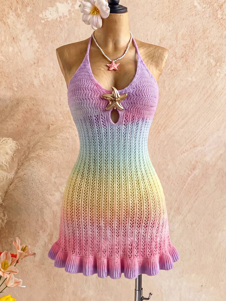 SHEIN Tween Girl New Style Vacation Knit Halter Tie Multi-Layer Ruffle Mini Dress, Carnival, Afternoon Tea, Beach, Cruise Vacation, City Street Vacation, Autumn/Winter Layering Tween Girl - Pink - View 1