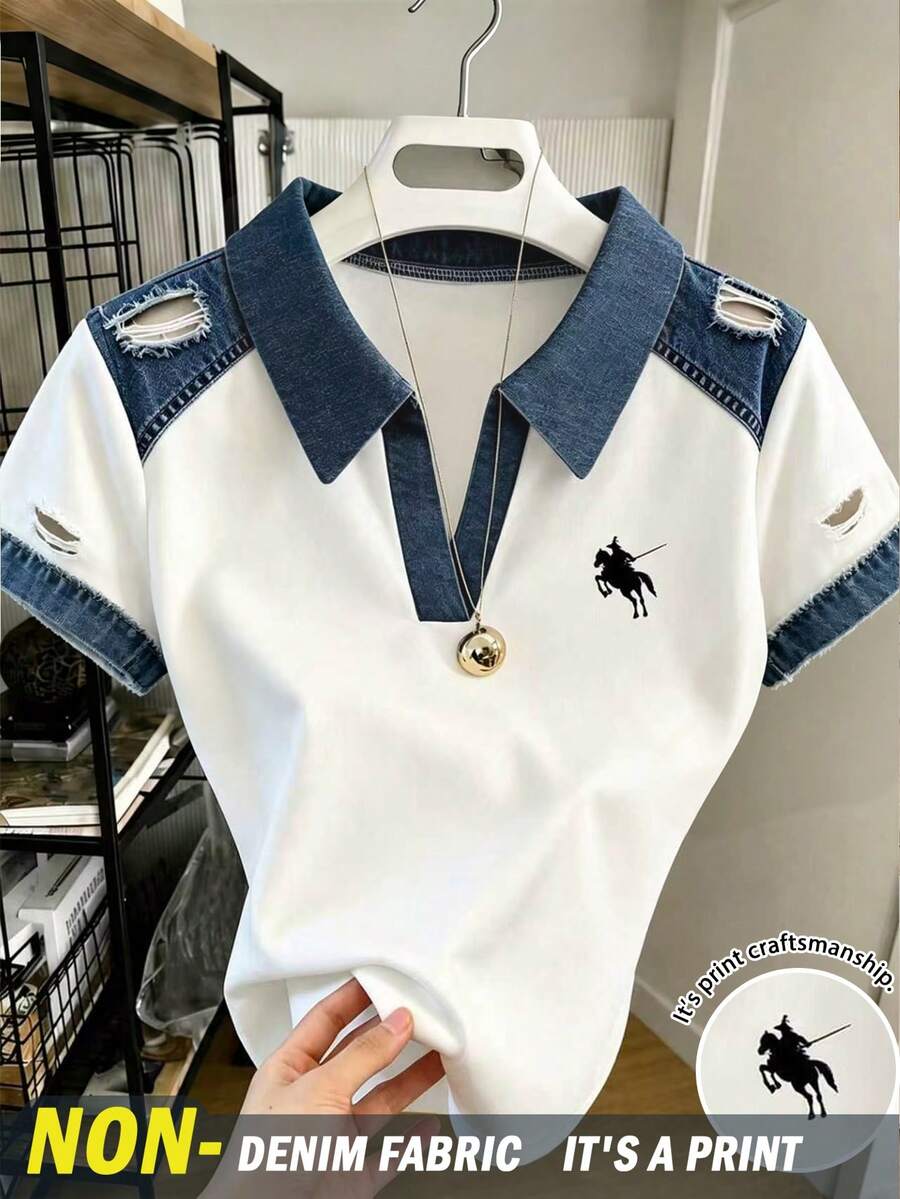 Resyla 女款美式復古 Polo 衫,女款短袖 T 恤,馬匹印花,休閒 Y2K 風格女款休閒拼色短袖 Polo 衫 - 彩色 - 查看 1