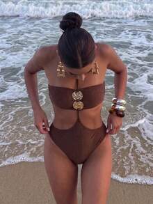 Swim Vcay 2026 Women's Elegant Vacation One-Piece Swimsuit, Halter Neck Design With Front Trim Decoration, Suitable For Back To School Season, Graduation Season, Beach And Vacation Wear - Coffee Brown - View 8