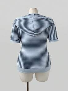 Sunspun Plus Size Women's Striped Short Sleeve Button Design Hooded Sweatshirt - Multicolor - View 2