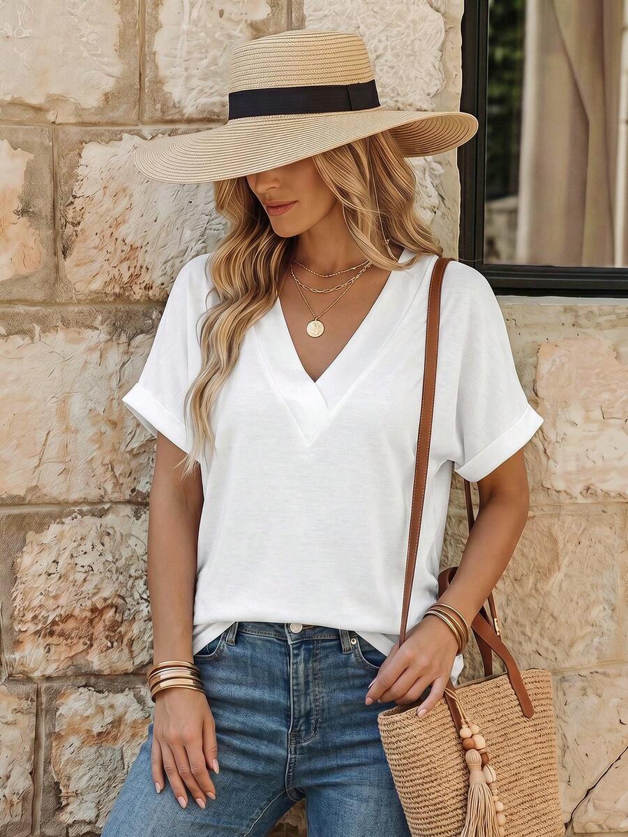 EMERY ROSE Women's Solid Color V-Neck Short Sleeve Casual Versatile T-Shirt - White - View 1
