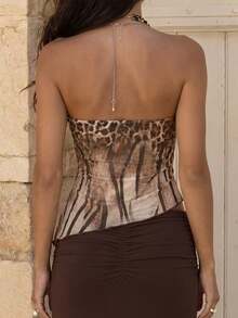 Privoire Leopard Print Patchwork Line Mesh Metal Chain Spaghetti Strap Sexy Tropical Exposed Waist Camisole Crop Top Party Club Night Out Beach Brown - Multicolor - View 2
