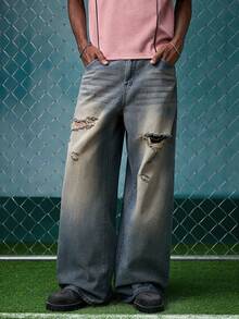 EVRINFINITE Men's Dark Blue Vintage Washed Loose Fit Wide Leg Jeans, StreetEZ Hang Out Street College Sport - Dark Wash - View 1
