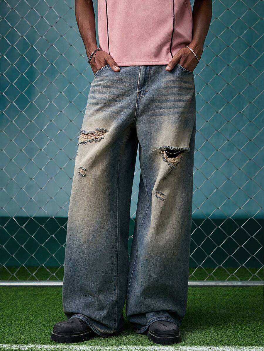 EVRINFINITE Men's Dark Blue Vintage Washed Loose Fit Wide Leg Jeans, StreetEZ Hang Out Street College Sport - Dark Wash - View 1