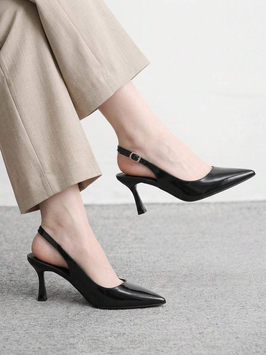 CUCCOO BIZCHIC Women's Commuter Model With Exposed Heel, Black Glossy Pointed Toe, Fashionable And Elegant Stiletto Shoes. - Black - View 1