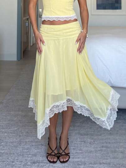 Privoire Women's Pale Yellow Summer Casual Asymmetrical Hem Lace Trim Midi Dress, Vintage Street Style Urban Vacation Party Dress, Bohemian Beach Holiday Wedding Guest Outfit