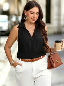 Velvienne Plus Size Women's Sleeveless Stand Collar Linen Texture Shirt, Versatile Slimming, Commute Essential - Black - View 6