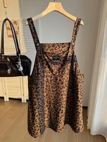 Comfortcana Plus Size Women's Leopard Print Letter Graphic Denim Overall Dress - Brown - View 1
