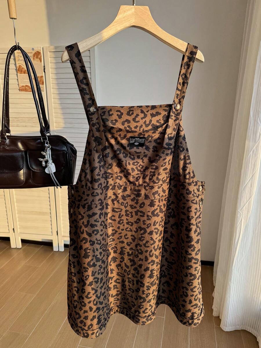 Comfortcana Plus Size Women's Leopard Print Letter Graphic Denim Overall Dress - Brown - View 1