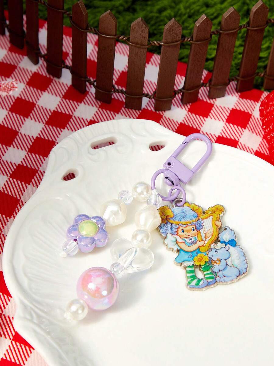 Strawberry Shortcake X SHEIN 1PC Purple Cartoon Flower Pearl Short Chain Car Keychain Pendant Bag Decoration - Multicolor - View 1