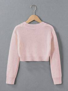 SHEIN Genkimix Kids 青少年女孩純色圓領長袖休閒毛衣 - 粉色 - 查看 2