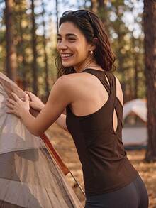 Exploreva Exploreva Women's Slim Fit Outdoor Brown Criss-Cross Back Tank Top - Brown - View 1