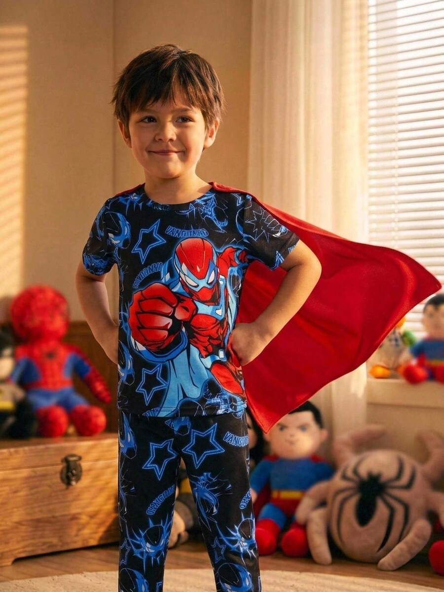 SHEIN Young Boy Casual Minimalist Fitted Comfortable Crew Neck Short Sleeve Long Pants Loungewear, Suitable For Spring And Summer, Classic Handsome Spider Web And Spider Hero Character Graphic Print - Multicolor - View 1