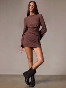 Athîral Women's Casual Maturity Elegant Round Neck Solid Color Long Sleeve Short Dress, Daily Wear, Date Dinner And Party Outfit Coffee Brown Autumn - Mocha Brown - View 4