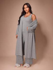 Lazeform Long Ins-Style Short Sleeve Long Pants Tie-Up Robe Loungewear Pajamas Casual Home Bathrobe Plus Size - Grey - View 1
