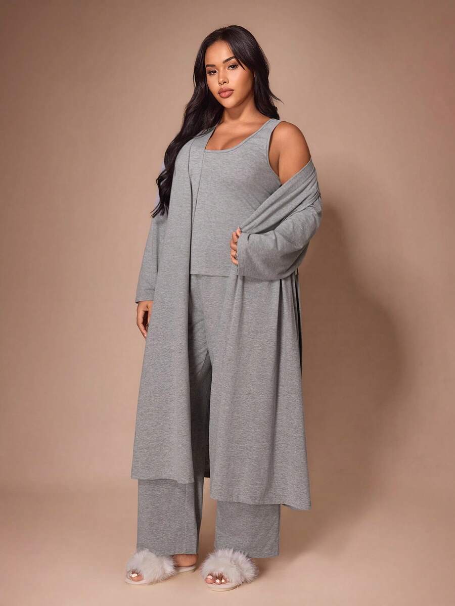 Lazeform Long Ins-Style Short Sleeve Long Pants Tie-Up Robe Loungewear Pajamas Casual Home Bathrobe Plus Size - Grey - View 1