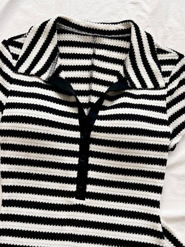 Soleia New Casual Vacation Lapel Short Sleeve Contrast Color Striped Dress - Black and White - View 4