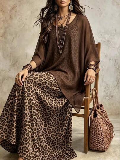 Linhara CURVE Conjunto casual de 2 piezas para mujer talla grande con top tipo cover-up de color liso y bajo asimétrico y vestido camisola con estampado de leopardo