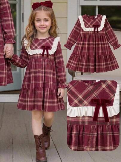 Emery Rose Kids Emery Rose Kids Cute Girls'kis Dress, Vacation Autumn/Winter Ruffle Trim, Gift Choice Red Puff Sleeve Peter Pan Collar Dress, Casual & Comfortable, Adorable