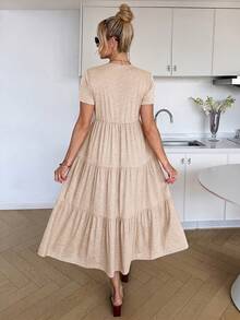 SHEIN 孕婦夏季休閒純色短袖洋裝 - 卡其色 - 查看 2