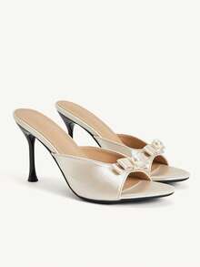 CUCCOO CHICEST Nouvelles chaussures à talons hauts pour femmes à bout rond, sandales à talons aiguilles, nœud en perles, tissu satin, couleur abricot, mode élégante, pour rendez-vous, fête, mariage, printemps et été - Nude - Voir 4