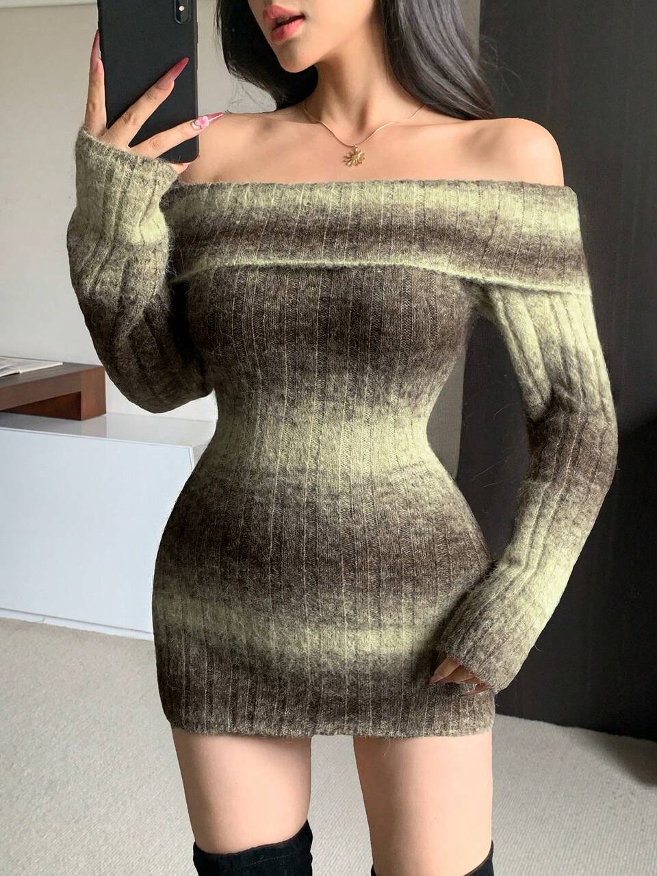 Women's Gradient Striped Slim Fit Short Off-Shoulder Long Sleeve Casual Sexy Vacation Spring Autumn Sweater Dress