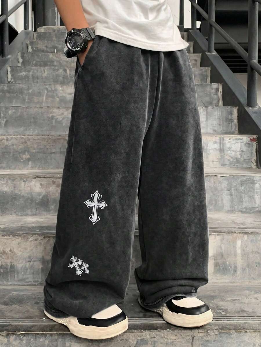 SHEIN 兒童青少年男孩休閒街頭風運動雪花布料長款運動長褲,適合戶外穿著、旅行度假、家庭聚會與運動,柔軟舒適 - 彩色 - 查看 1