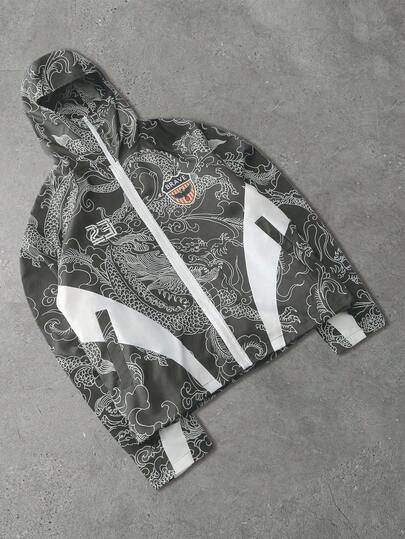 Prep Chaqueta con capucha con cremallera y estampado digital de dragón chino, moda urbana para hombres