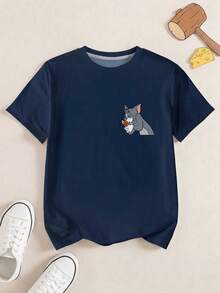 TOM & JERRY X SHEIN 青少年男孩卡通印花圓領短袖休閒T恤 - 白色 - 查看 1