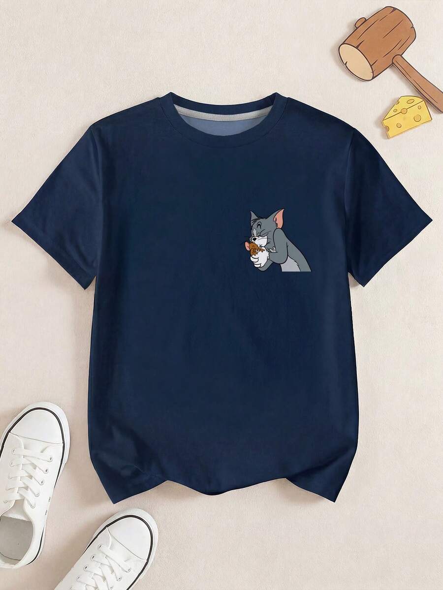 TOM & JERRY X SHEIN 青少年男孩卡通印花圓領短袖休閒T恤 - 白色 - 查看 1