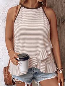 SHEIN LUNE Camiseta sin mangas para mujer de talla grande, diseño de color contrastante con patrón de rayas, casual y versátil, nueva y de gran para primavera/verano - Multicolor - Ver 4