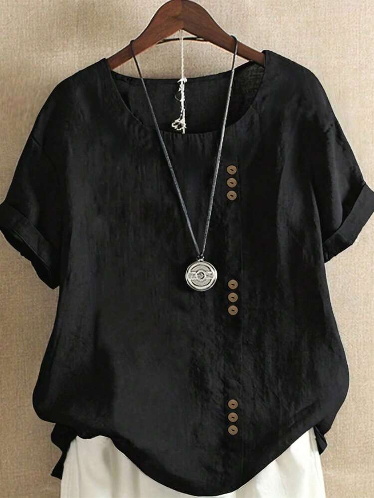 EMERY ROSE Women's Summer Casual Solid Color Short Sleeve Shirt - Black - View 1