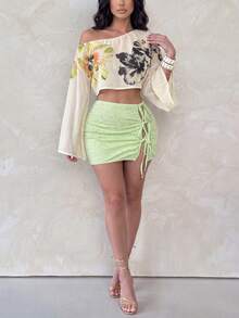 SHEIN Unity Women's Fall Going Out Outfit, Fitted Waist, Sexy Beige Light Green Watercolor Floral Print Long Sleeve Drop Shoulder Cover-Up, Sequin Skirt - Multicolor - View 1