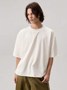 Vaulklash Men's Loose Crew Neck Short Sleeve T-Shirt, White, Minimalist Design With Rolled Hem Cotton - White - View 6