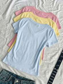 SHEIN EZwear 3件組女款夏季V領修身T恤，龐克次文化動漫純色基礎款短袖修身T恤 - 彩色 - 查看 2