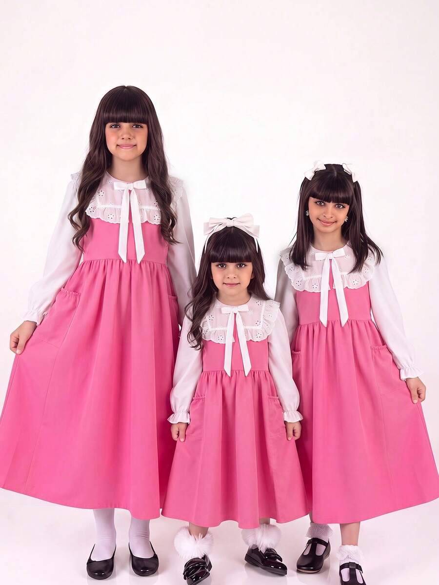SHEIN 少女甜美法式蝴蝶結蕾絲拼接口袋洋裝 - 粉色 - 查看 1