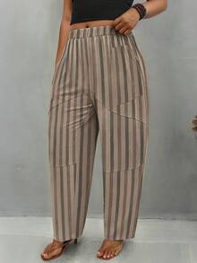 EMERY ROSE Pantalones de pierna cónica con líneas decorativas a rayas y abertura para talla grande, otoño - Albaricoque - Ver 4