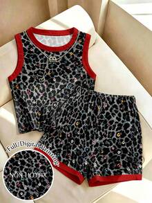 Franclia Setelan 2 Potong Motif Leopard Berlian untuk Wanita, Atasan Leopard Leher Bulat dan Celana Pendek Pinggang Tinggi untuk Liburan Kasual Musim Panas, Setelan Pakaian Minimalis Model A-Line - MultiWarna - View 1