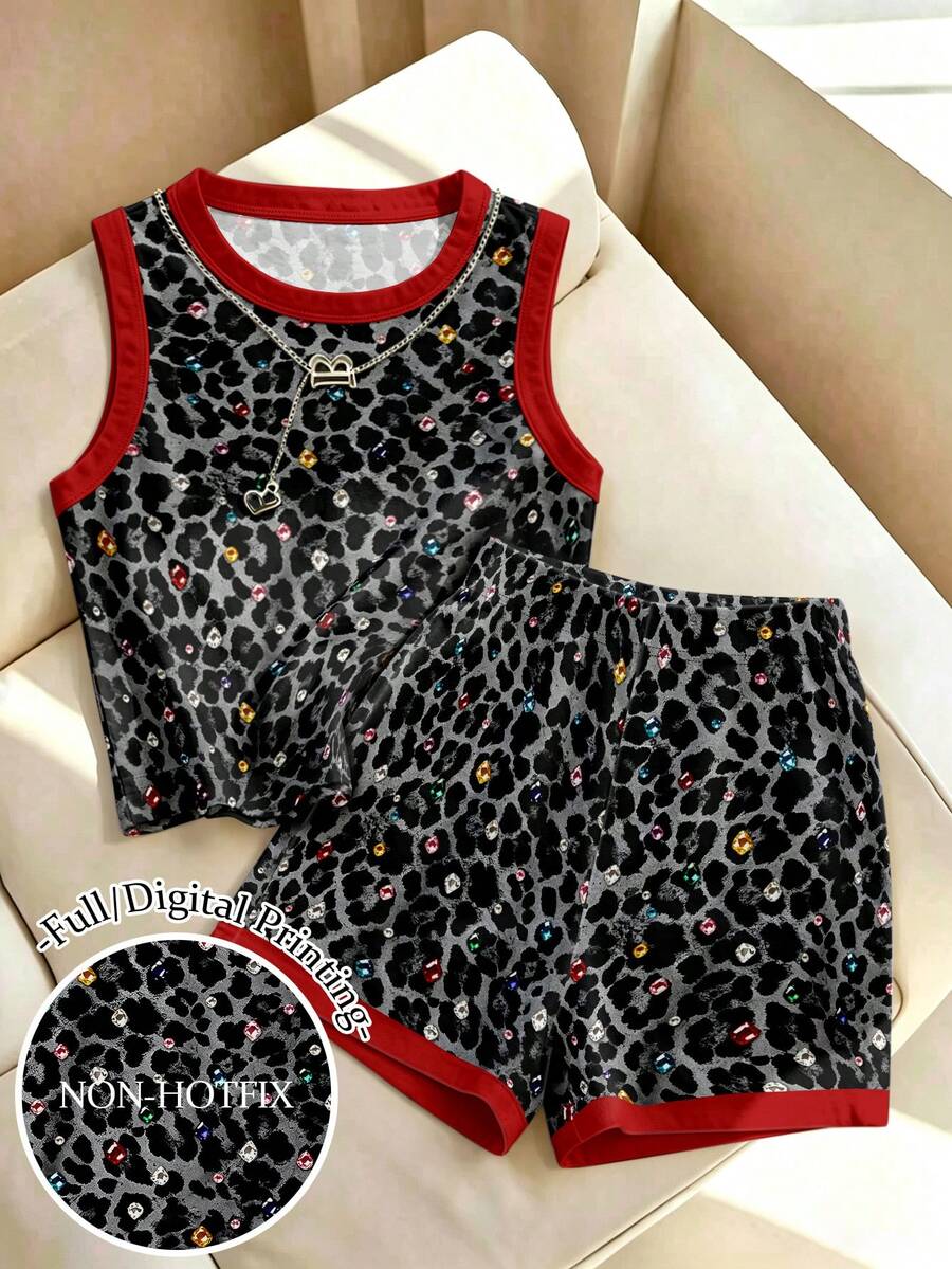 Franclia Setelan 2 Potong Motif Leopard Berlian untuk Wanita, Atasan Leopard Leher Bulat dan Celana Pendek Pinggang Tinggi untuk Liburan Kasual Musim Panas, Setelan Pakaian Minimalis Model A-Line - MultiWarna - View 1