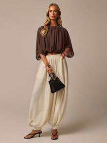 COSMINA Women's Solid Color Round Neck Pleated Batwing Sleeve Fashion Top - Coffee Brown - View 4