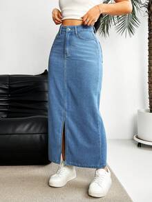 EMERY ROSE Women's Pocket Design Slit Hem Long Straight Casual Denim Maxi Skirt - Medium Wash - View 7