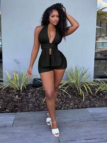 Alexandranx Women's Fashion Vacation Halter Top & Shorts 2 Pieces Set No Chest Padding Black - Black - View 1